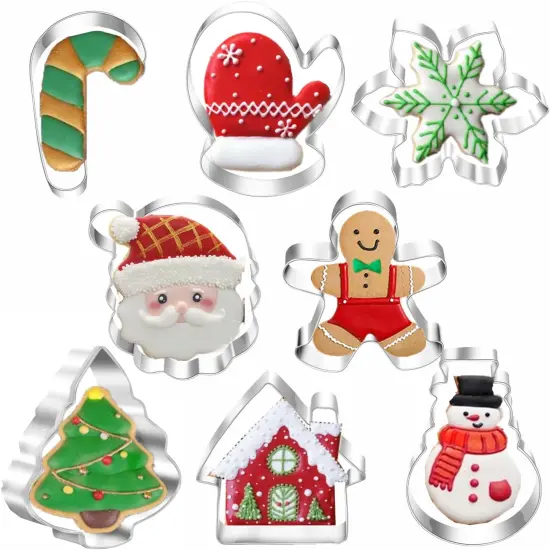 Christmas Cookie Cutters, 8PCS Holiday Cookie Cutter Shapes - Snowman,Christmas Tree,Gingerbread Man,Candy Cane,Snowflake,Santa Face,Christmas House, Winter Glove Cookies Mold {1}