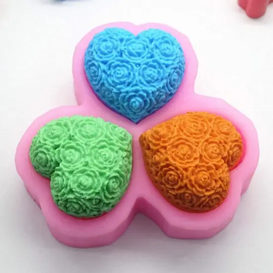 3-Cavity Heart Rose Flower Silicone Soap Mold Fondant Mold {3}