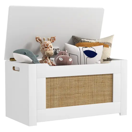 White-Natural MDF Rattan Toy Box with Flip Lid, Storage, and Bench Seat {4}