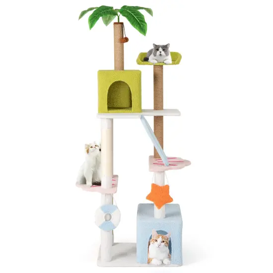 Plush Cat Tree with Condos, Scratching Posts and Beach Theme {1}