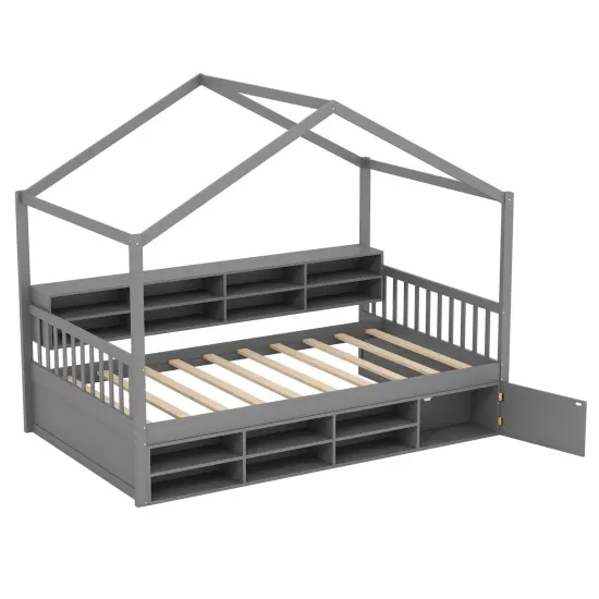 Grey House-Shaped Kids Bed with Storage Cubes, Bedside Shelf and Wooden Frame {1}
