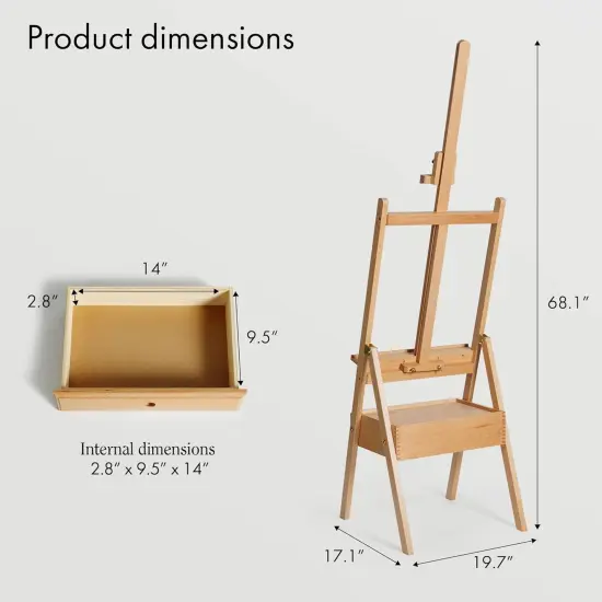 ARTIFY Large Wooden H-Frame Studio Easel with Artist Storage Drawer and Shelf, Sturdy Beechwood Canvas Holder Stand, Adjustable to 75" High {3}