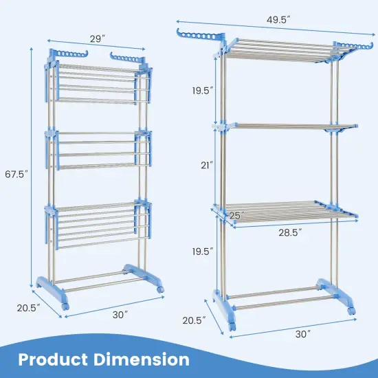 Blue 4-Tier Freestanding Folding Clothes Drying Rack with Rotatable Side Wings and 8 Hanging Rods {5}