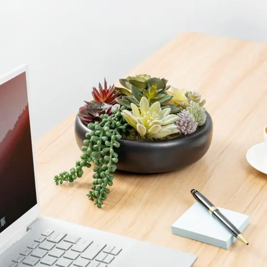 8-Inch Artificial Succulent Plant Arrangement, Assorted Fake Plants in Modern Black Round Concrete Planter Bowl {3}