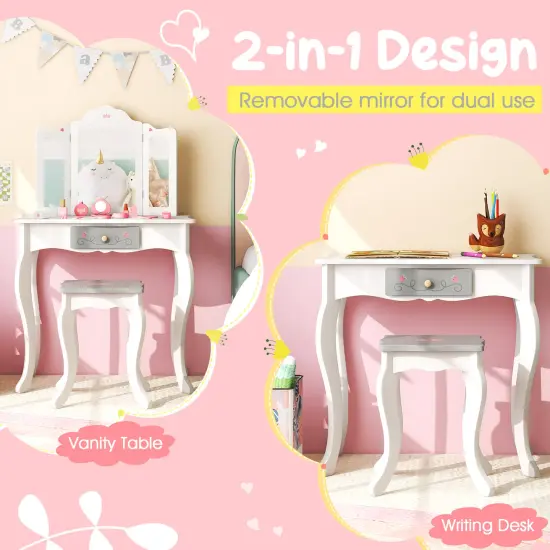 MDF Kids Vanity Set with Mirror, Drawer, Stool, Accessories and Convertible Design White {4}