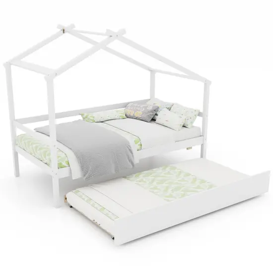 Pine Wood Twin Size House Bed with Trundle, DIY Roof, Slat Support and Safe Design White {4}