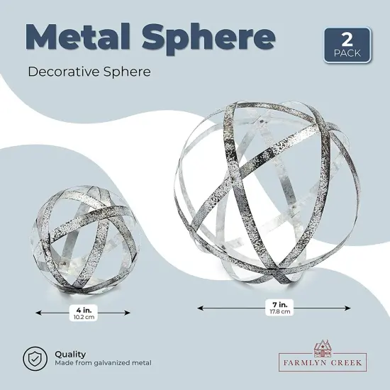 2 Piece Metal Decorative Spheres for Home Decor, Table, Rustic Style Shelf Decor Accents (Distressed Silver, 2 Sizes) {5}