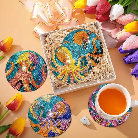 Diamond Art Coasters Set of 6, Small Diamond Painting Kits for Adults Beginners, Cork Coaster for Drinks Gem Art Coasters with Holder Home Decor for Octopus {5}
