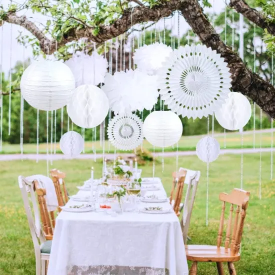 14 PCS White Honeycomb Decorations Paper Lanterns Party Decoration Kit Hanging Tissue Pom Poms Flowers White Paper Fans for Wedding Engagement Birthday Baby Bridal Shower Party Decoration Easy Joy {5}