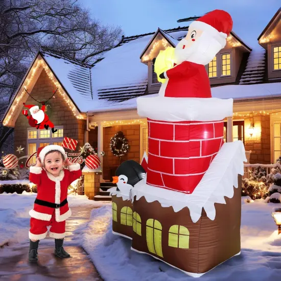 7FT H Lovely Christmas Inflatable Santa in The Chimney of Candy House with Penguin&Star Decorations, Blow up Christmas House with Build-in LED {5}