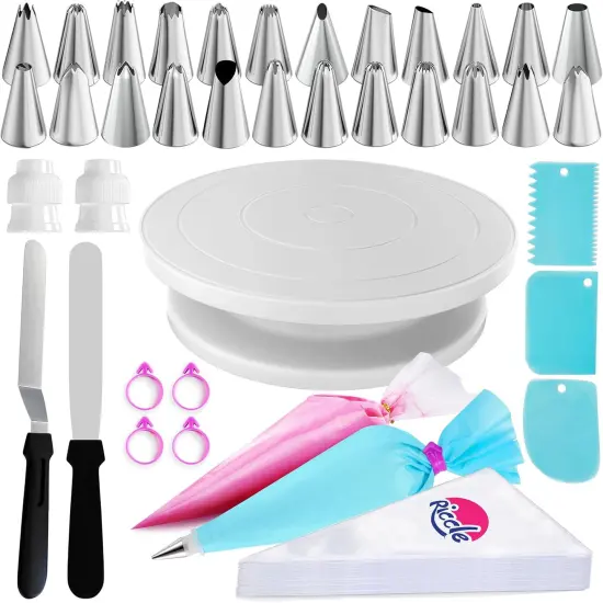 88 pcs Cake Decorating Kit with Cake Turntable - Includes 50 Disposable + 2 Reusable Piping Bags and Tips Set, 24 Icing Piping Tips, 2 Spatulas, 3 Icing Comb Scraper, Baking Supplies {1}