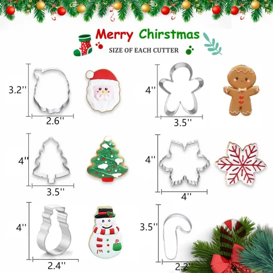 Large Christmas Cookie Cutters, 4" Holiday Cookie Cutters Shape with Recipe Instruction Gingerbread Men,Christmas Tree,Snowflake, Candy Cane,Santa Face and Snow Man for Baking {2}