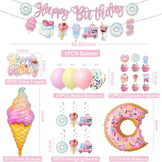 Sweets Birthday Party Decorations for Girls- Pastel Ice Cream Party Supplies, Donut Balloons Happy Birthday Banner Cupcake Topper Candy Theme Birthday for Baby Shower Wedding {3}