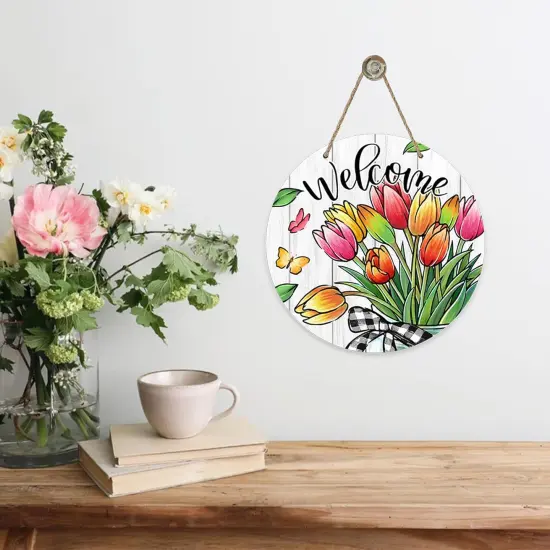 Summer Tulip Flowers Front Door Sign, Floral Butterfly Mason Jar Wood Door Hanger Outdoor Outside Porch Decor, Seasonal Farmhouse Wooden Wreath Indoor Wall Hanging Decoration {5}