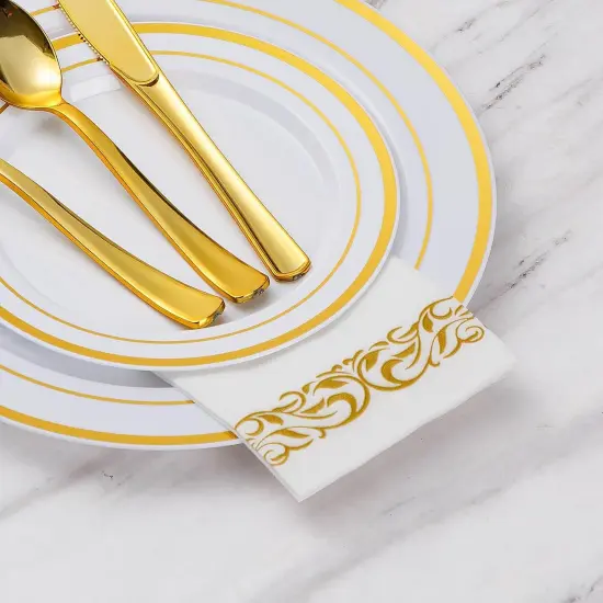 100 Pack Disposable Gold Napkins, Decorative Linen Like Dinner Napkins, Soft and Absorbent Party Napkins, Guest Hand Towels for Bathroom, Kitchen, Parties, Dinners or Events {3}