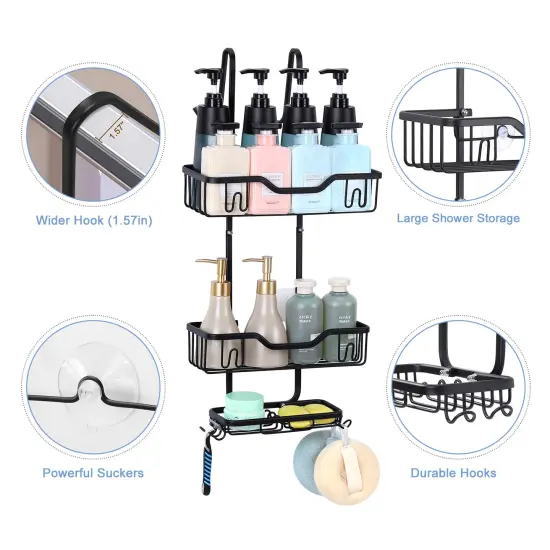 3-Tier Rustproof Shower Caddy with 4 Hooks &ndash; No Drill Hanging Bathroom Organizer, 40 lb Capacity, Adhesive Suction Cups for Shampoo, Soap, Towels {3}