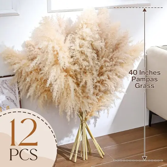 12pcs 40'' Dried Pampas Grass Decor - Tall-Large Pampas Grass - Natural Beige - Boho Home Decor {2}