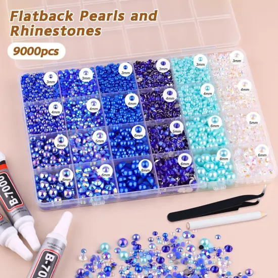 9000PCS Flatback Pearls and Rhinestones for Crafting, Dark Blue 3-10mm Resin Rhinestones and Half Pearls for Bedazzling, Nail Art and Dec with 3pcs B7000 Jewelry Glue, Tweezer and Pickup Pencil {3}