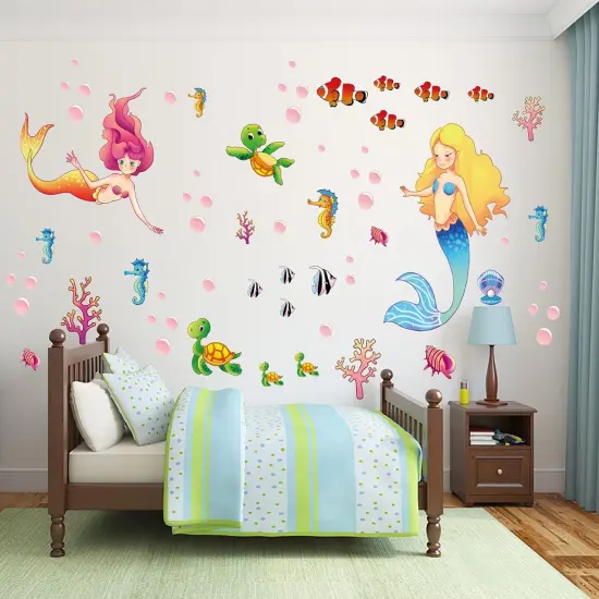Glow in The Dark Mermaid Wall Decals Sea Turtle Luminous Sticker Seahorse Ceiling Decor for Girls Room Nursery Mermaid {2}