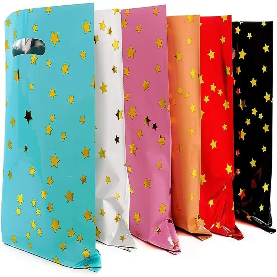 48 pieces of thicker gift bags with handles, plastic party candy bags with sparkling stars {1}