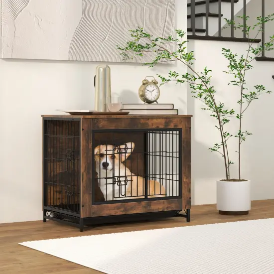 Rustic Brown MDF Metal Dog Crate Furniture with Dual Lockable Doors and Pull-Out Tray {2}