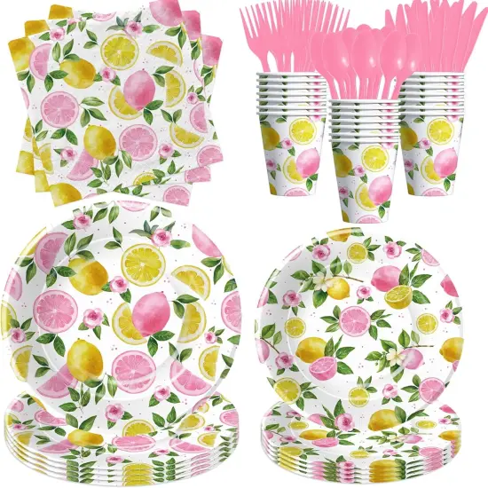 Summer Lemon Party Decorations Tableware, Party Supplies, Plate, Napkin, Cup, Cutlery, Summer Pink Lemon {1}