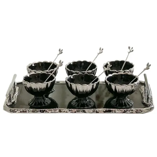 Porcelain Dessert Mugs with Tray Black / Gold {4}