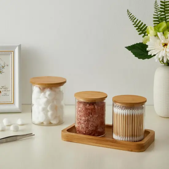 3 Pack Glass Qtip Holder Bathroom Set, Clear Apothecary Jars with Lids, Cotton Ball Swab Round Holder Bathroom Essential Canisters Accessories for Organization and Storage {3}