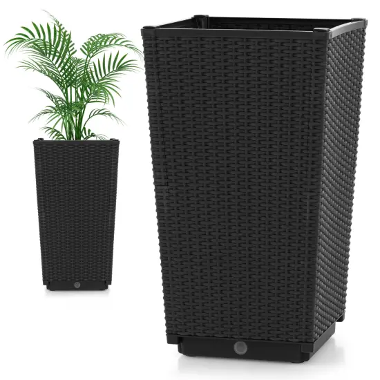 Wicker Planter Set of 2 with Self-Watering System and Weather-Resistant PP Material Black {4}