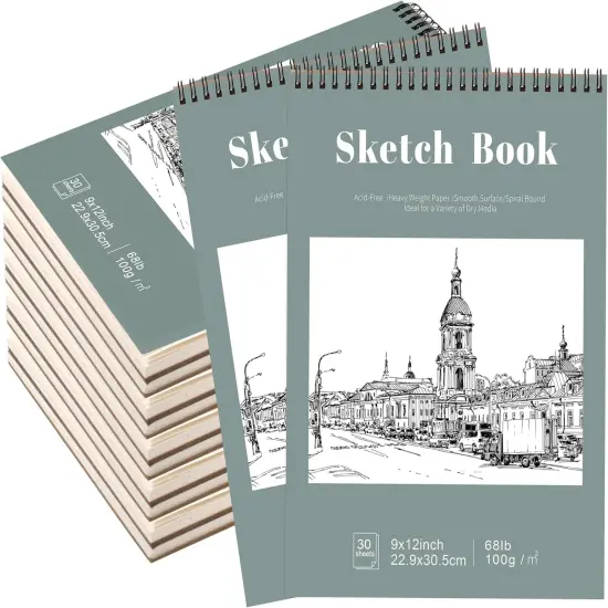 12 Pack Sketch Book, 9 x 12 Inch Sketchbook, 68lb/100gsm Top Spiral Bound Sketch Pad, Acid Free Art Supplies Drawing Painting Sketching Paper for Kids, Adults, Beginners, Artists (30 Sheets Each) {1}