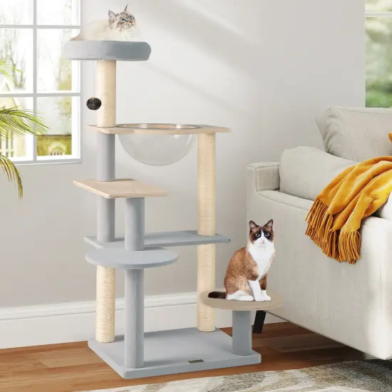 Natural Solid Plywood Cat Tree with Space Capsule and Sisal Scratching Posts {3}