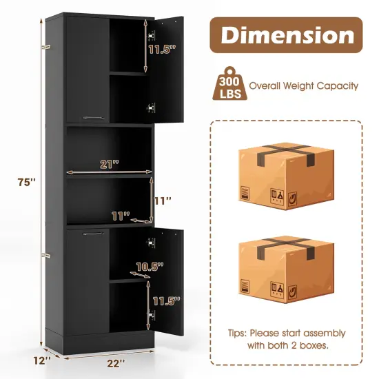 Black Engineered Wood MDF Metal Kitchen Pantry Cabinet with Storage Shelves {5}