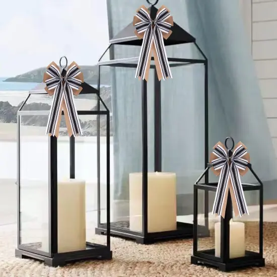 2 Pcs 20 x 10 Inch Large Double Burlap Bows Black and White Farmhouse Striped Wreaths Bow for Gift Wrapping Tree Topper Front Door Home Decorations {5}