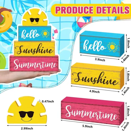 Summer Table Decor Hello Sunshine Wooden Block Sign Farmhouse Summertime Beach Tiered Tray Decor Rustic Table Centerpieces Summer Decorations for Home Desk Shelf Mantle Office Decorations {3}