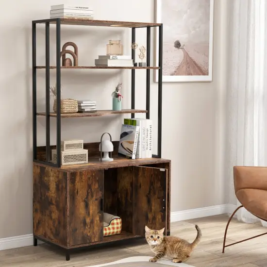 MDF Metal Cat Cabinet with Scratcher, Cat Litter Box Enclosure , Storage and Side Entry Rustic Brown {6}