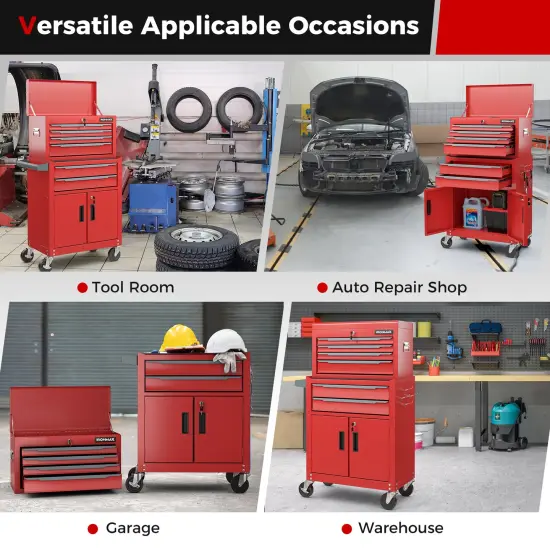 6-Drawer Rolling Tool Storage Chest with Universal Wheels and 2 Door Bottom Cabinet Red {5}