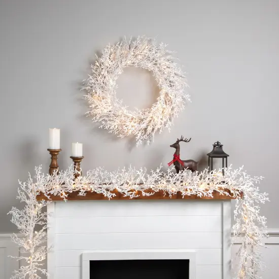 Northlight Pre-Lit Flocked Twig Artificial Christmas Wreath - 30" - LED Warm White Lights {4}