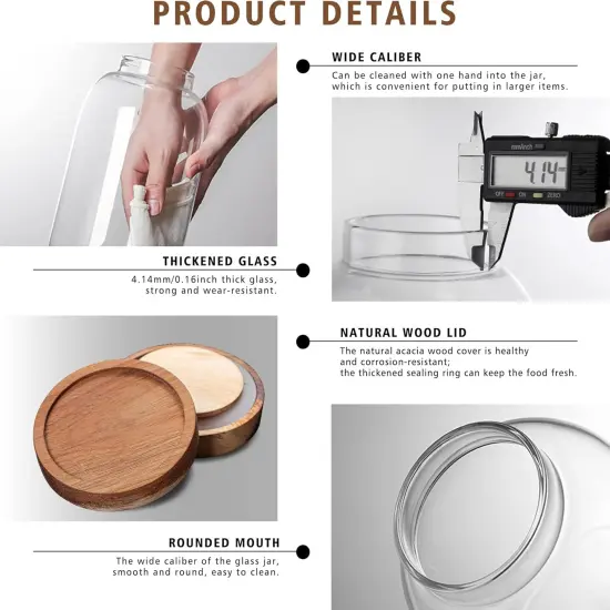 1200ML 40FL Oz Glass Storage Container with Wood Lid Large Decorative Organizer Bottle Canister Pantry Jar with Air Tight Wooden Lid for Food Coffee Candy Cereal Rice Flour Pop Spaghetti {3}