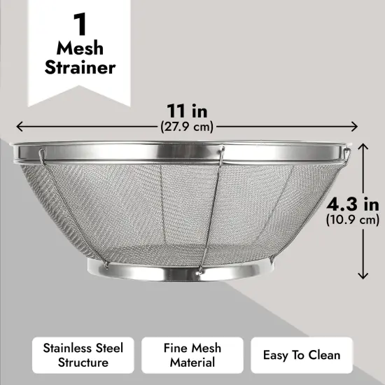 Large Fine Mesh Strainer for Kitchen - Metal Stainless Steel Colander for Rice, Pasta, Quinoa, Yogurt (11x4 In) Silver {4}