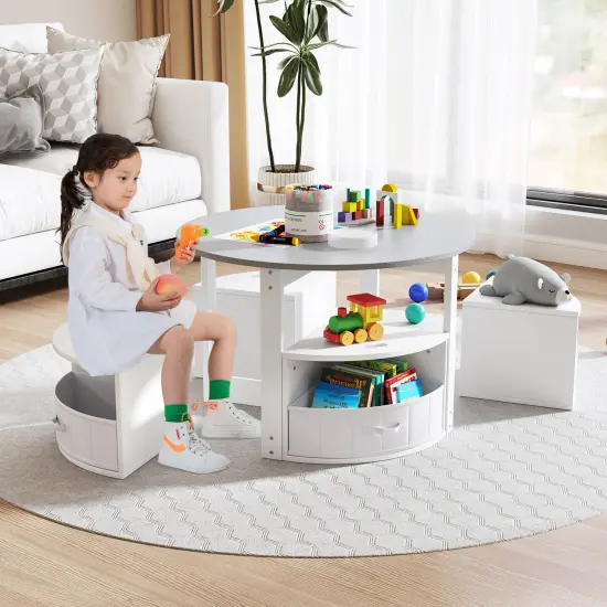 Kids Table Set with 4 Stools, MDF Nesting Design and Storage Bins Grey {2}