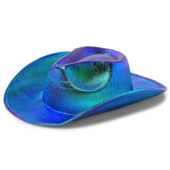 Holographic Western Cowboy Hat with Feathers, Cowgirl Costume Accessories (Blue and Green, Youth Size Small) {1}