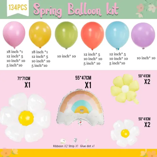 Pastel Daisy balloon arch kit 135Pcs Pastel pink yellow green blue red Purple balloons with rainbow daisy Flowr balloon for spring Baby Shower Easter Birthday tea Party spring decorations {5}
