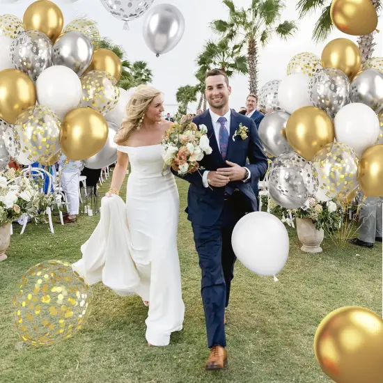 Gold and Silver Latex Balloons, 60 Pcs 12 Inch Metallic Gold Silver and White Confetti Balloons {3}