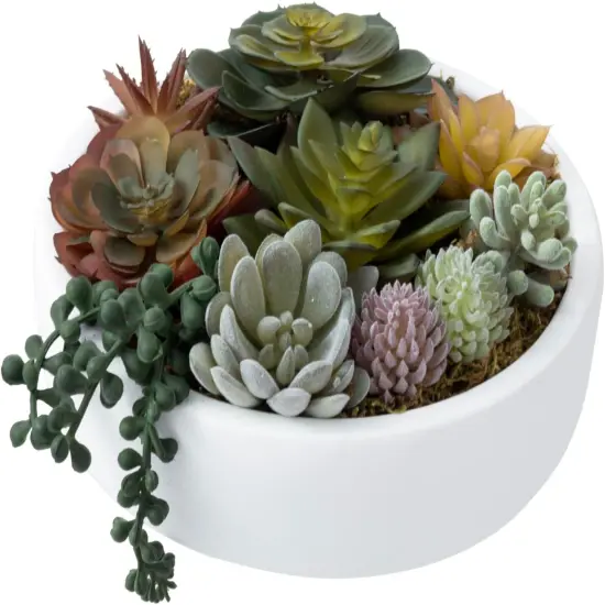 8 Inch Round Modern Artificial Succulent Arrangement Potted in White Concrete Plant Bowl, Assorted Faux Mini Succulents in a Decorative Planter Pot {1}