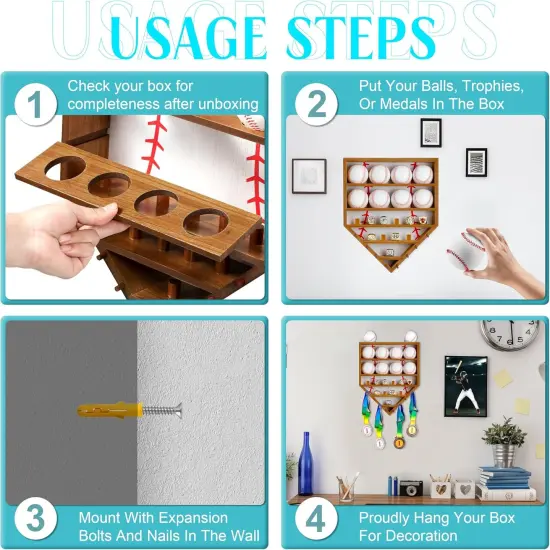 Baseball Balls Display Case with Championship Rings Medals Holder, Solid Wooden Wall Mount Baseball Box for Balls, Rings, Medals, Trophies Collection Brown {5}