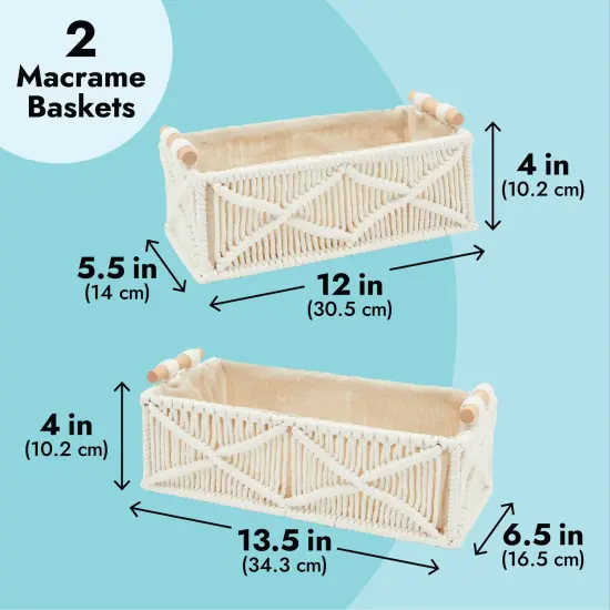 Set of 2 Macrame Storage Baskets, Woven Bins with Wood Handles for Home Decor (Ivory) White {5}