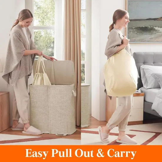 Double Laundry Hamper with Lid and Removable Laundry Bags, Large Collapsible 2 Dividers Dirty Clothes Basket with Handles {4}