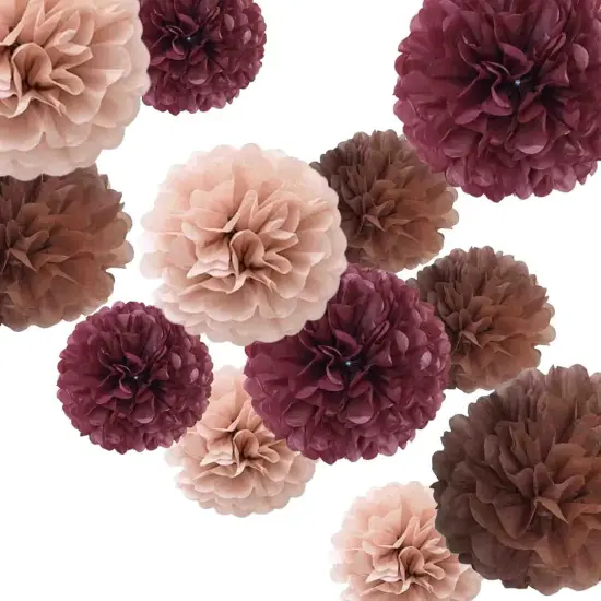 Burgundy Brown Tissue Paper Pom Poms-12PC Tissue Paper Flowers-Wall Hanging Decorations for Bachelorette, Neutral,Bridal,Boho Birthday Decorations 8,10,12in {1}