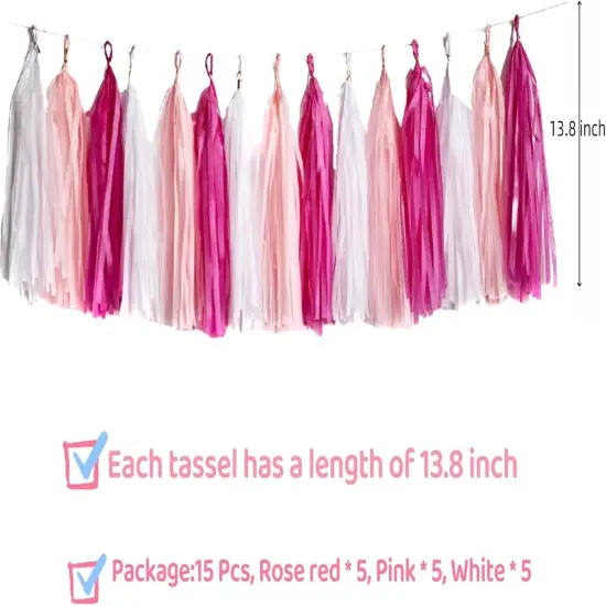 Hot Pink Tassel Garland,Tissue Tassel Banner for Bachelorette Baby Showe Girl Barbie Party Decorations,Pack of 15 {5}