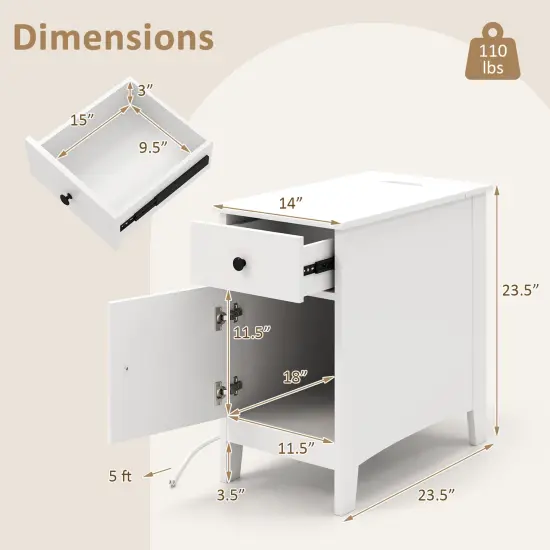 Flip Top Beside End Table with Charging Station Power Outlets and Pull-Out Drawer and Cabinet White {5}